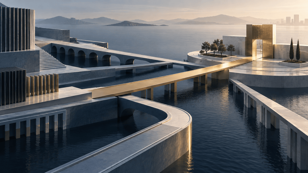 Abstract architectural pathways representing international market entry and strategic alignment.