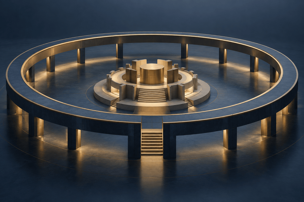 Abstract architectural composition representing informed oversight and balanced governance.