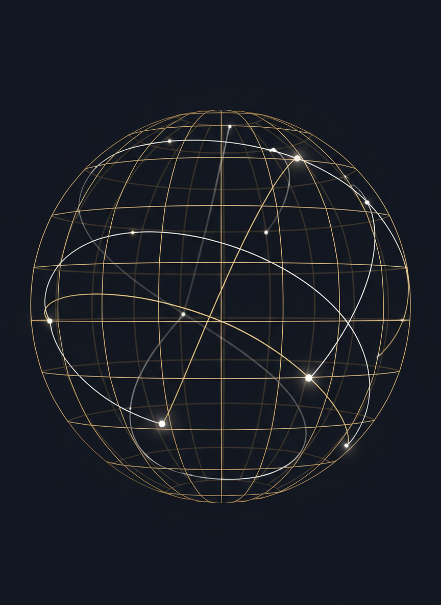 Abstract meridian grid in navy and gold suggesting international perspective and connected markets