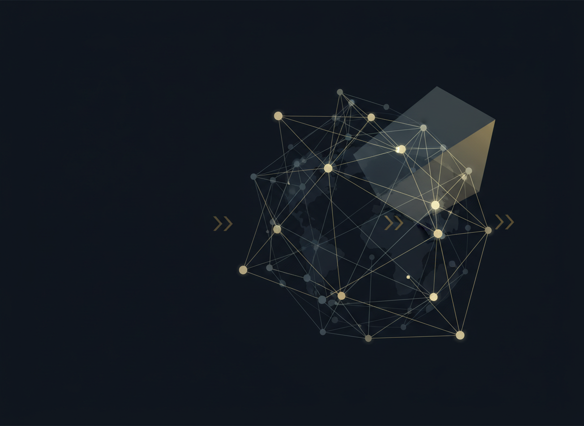 Abstract geometric network on dark navy background suggesting international strategy and connected markets